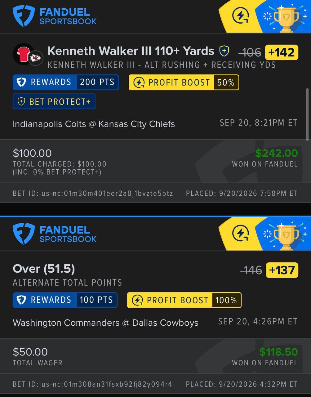 FanDuel Kenneth Walker III alternate yards and Commanders Cowboys over bets won $242 and $118.50