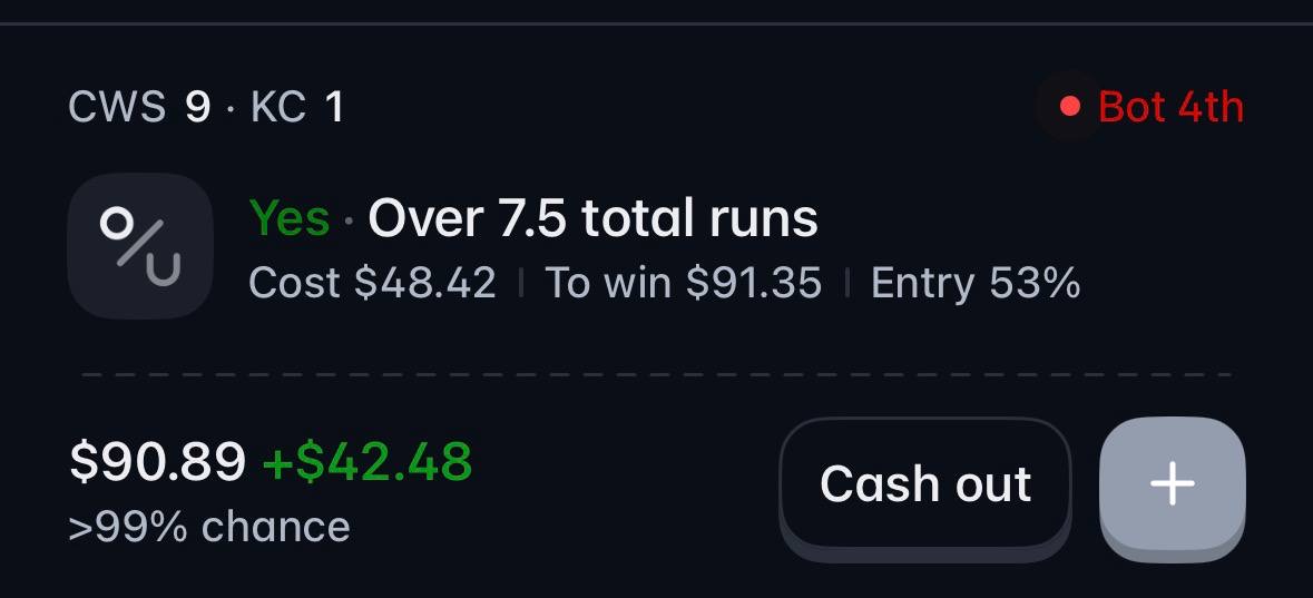 Live White Sox Royals over 7.5 total runs position showing $48.42 cost and $90.89 cash-out value