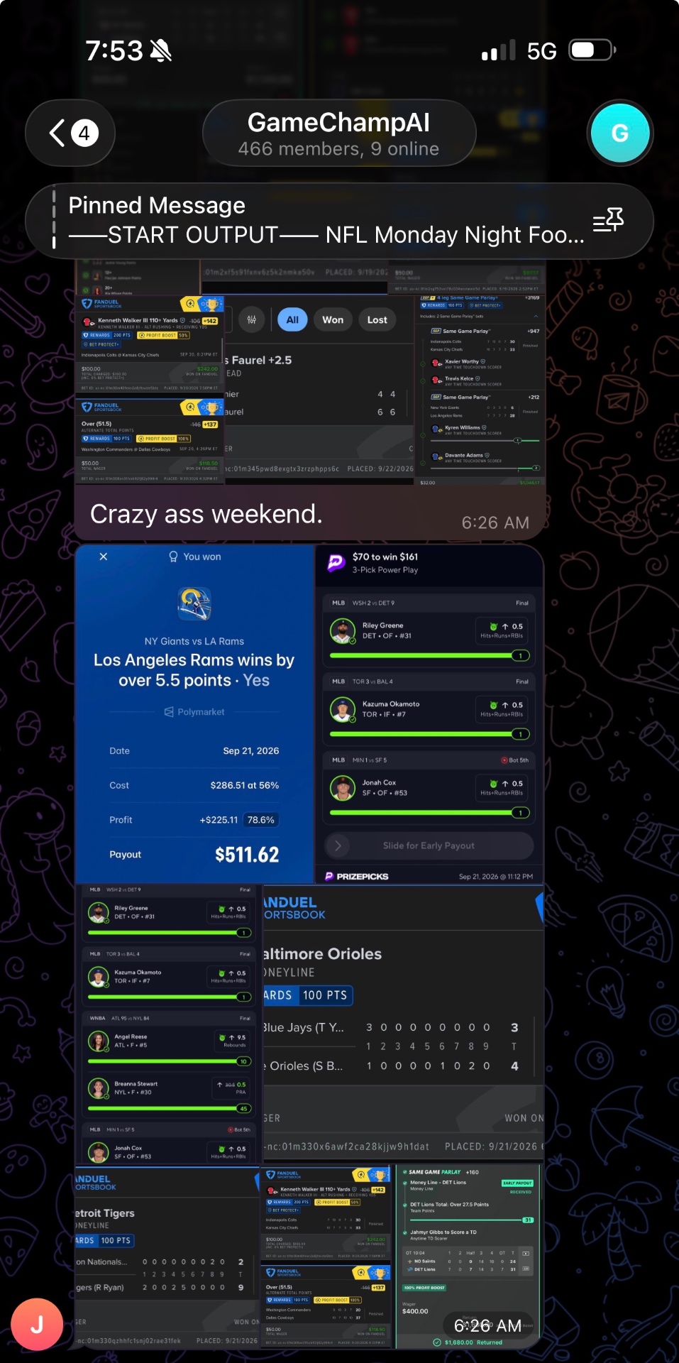 GameChampAI member chat weekend recap collage with multiple betting result screenshots