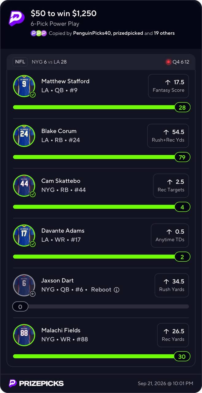 PrizePicks NFL 6-pick Power Play $50 to win $1,250