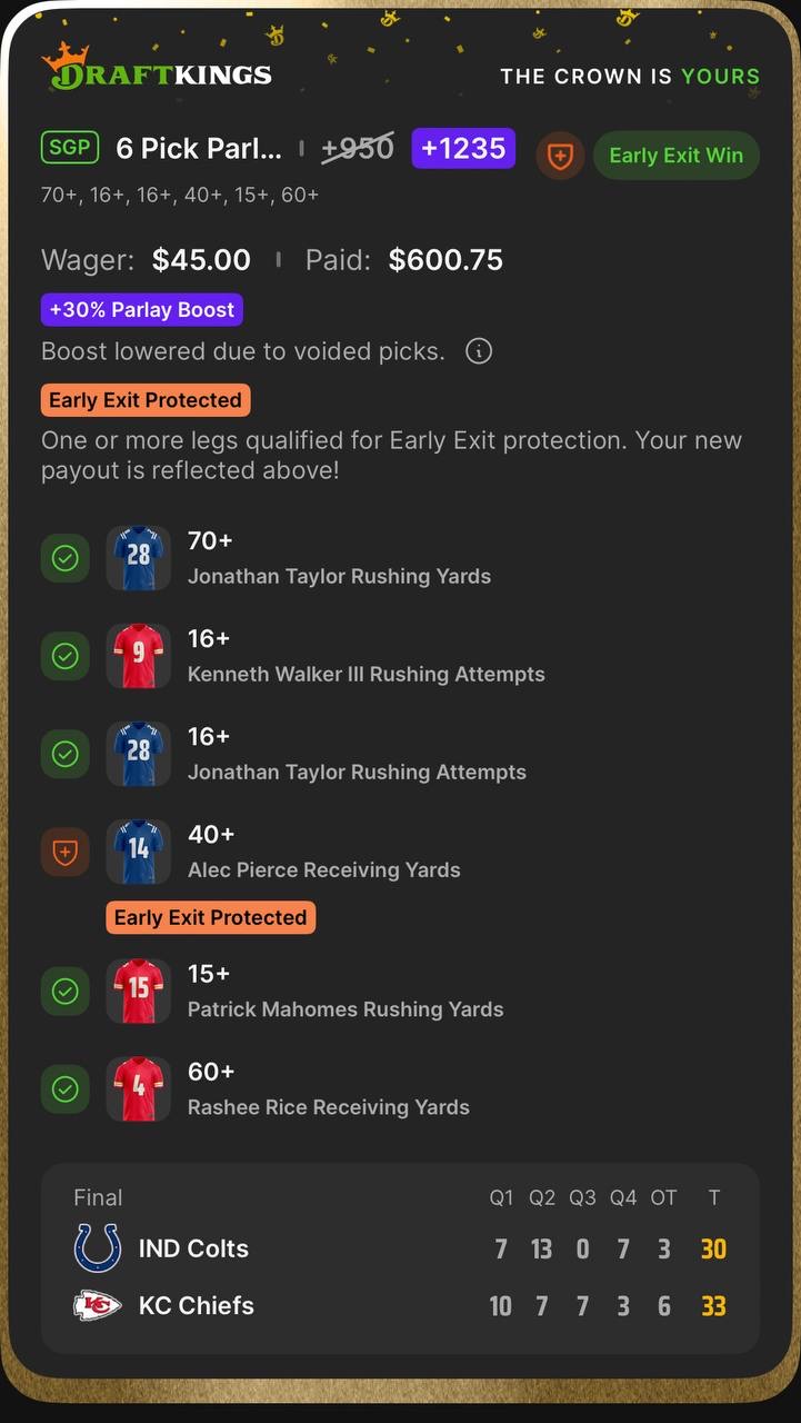 DraftKings 6-pick parlay with early exit protection won $45 wager paid $600.75