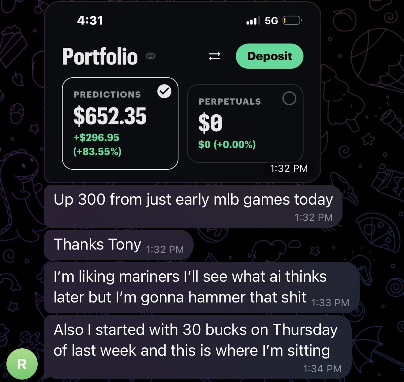 Member message thanking Tony beside a prediction-market portfolio showing a $652.35 balance