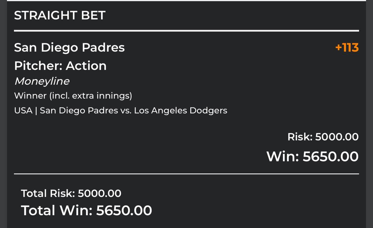 San Diego Padres moneyline bet slip at +113 showing $5,000 risk and $5,650 potential win