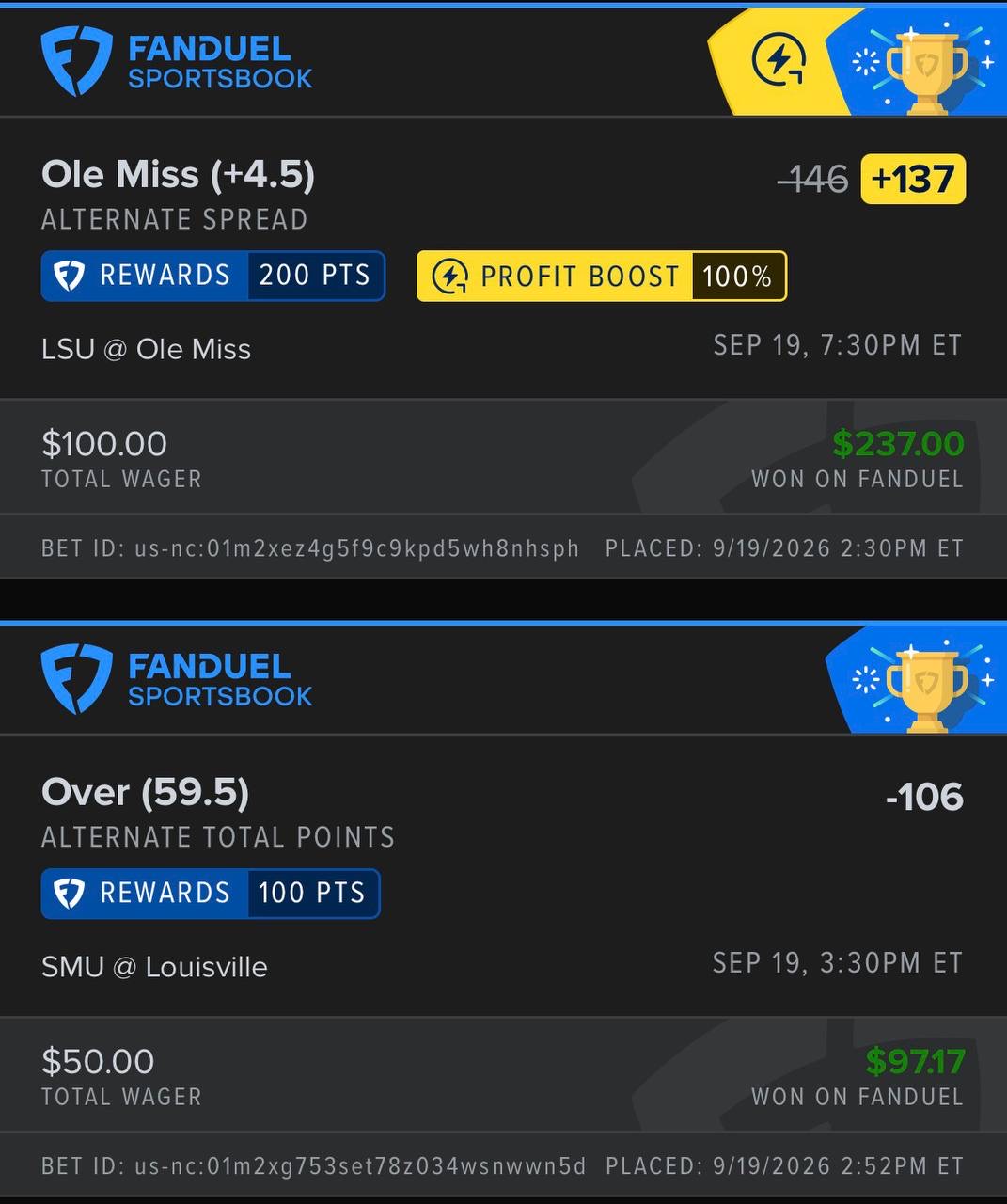 FanDuel Ole Miss +4.5 and SMU Louisville over bets won $237 and $97.17