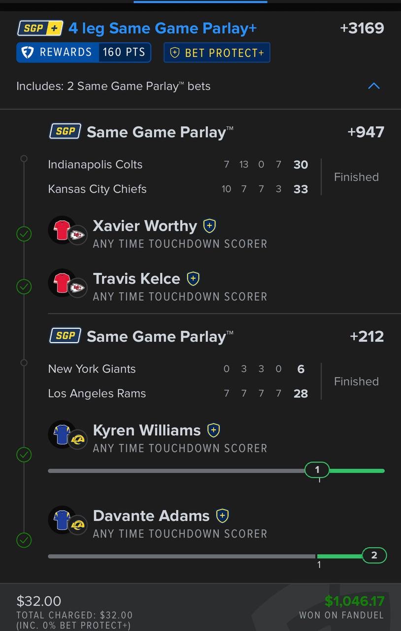FanDuel 4-leg same game parlay combination +3169 won $32 wager paid $1,046.17