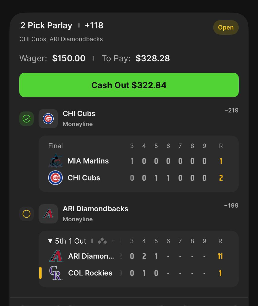 Open Cubs and Diamondbacks two-pick parlay showing a $150 wager, $328.28 potential payout, and $322.84 cash-out value