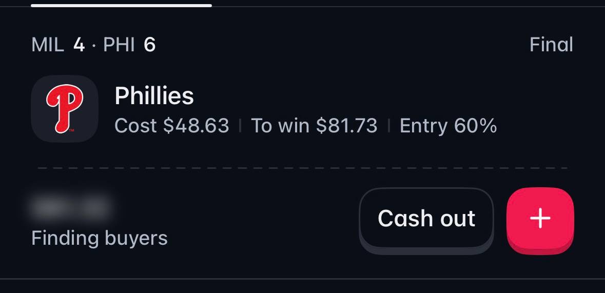Phillies position after a 6-4 final showing $48.63 cost and $81.73 potential return while finding a cash-out buyer