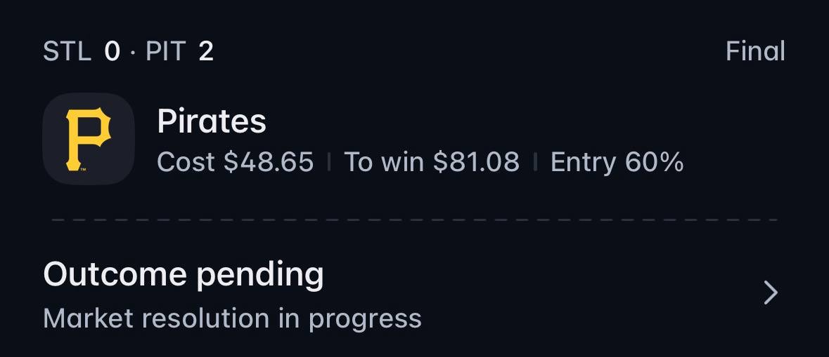 Pirates position after a 2-0 final showing $48.65 cost and $81.08 potential return with market resolution pending