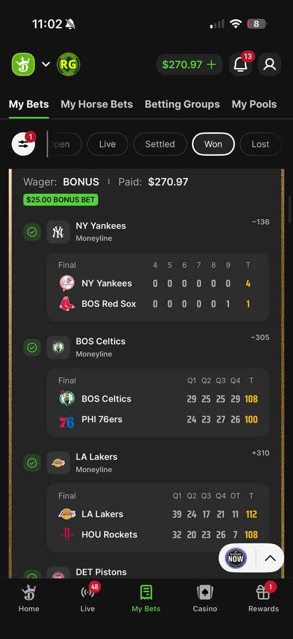 DraftKings My Bets Won $270.97 bonus parlay NY Yankees BOS Celtics LA Lakers moneylines
