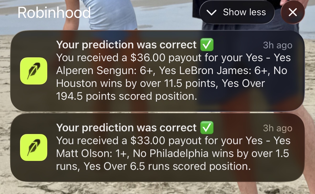 Robinhood double prediction correct $36 and $33 payouts Alperen Sengun LeBron James Matt Olson